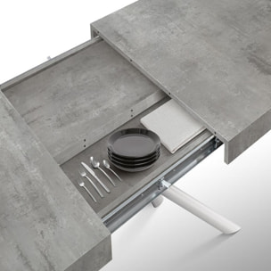 Tavolo CARRARA in legno, finitura grigio cemento e base in metallo verniciato bianco, allungabile 180×90 cm – 260×90 cm