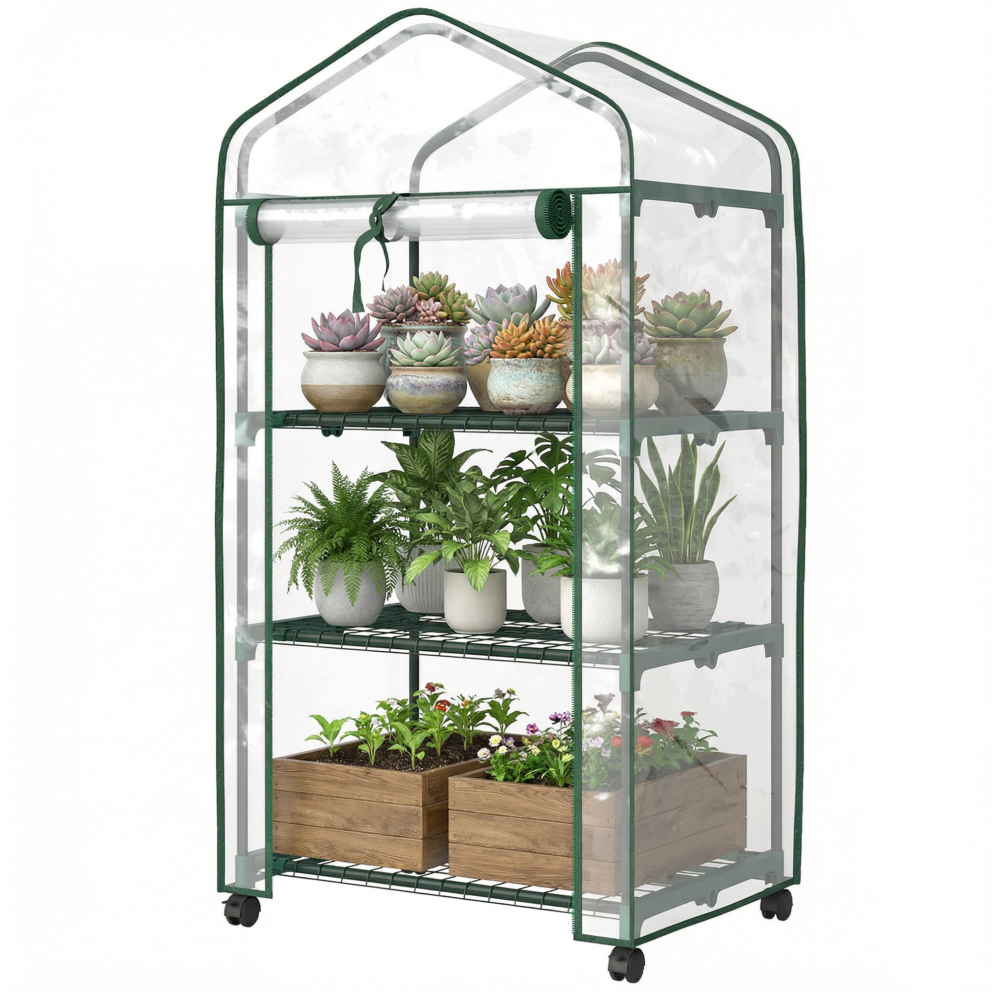 Mini serre de jardin 3 étagères porte enroulable 4 roulettes PE transparent