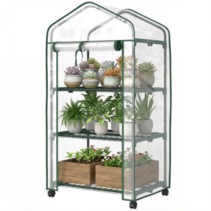 Mini serre de jardin 3 étagères porte enroulable 4 roulettes PE transparent