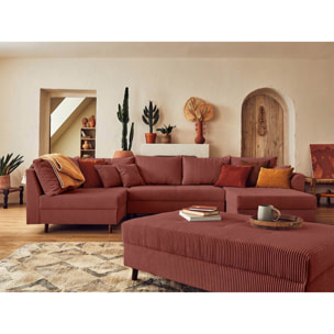 Rune - canapé panoramique d'angle gauche - 7 places - avec pouf d'appoint - en velours côtelé - Terracotta