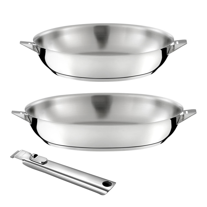 Eclipse - Lot de 2 poêles 24-28 cm inox finition miroir avec poignée amovible