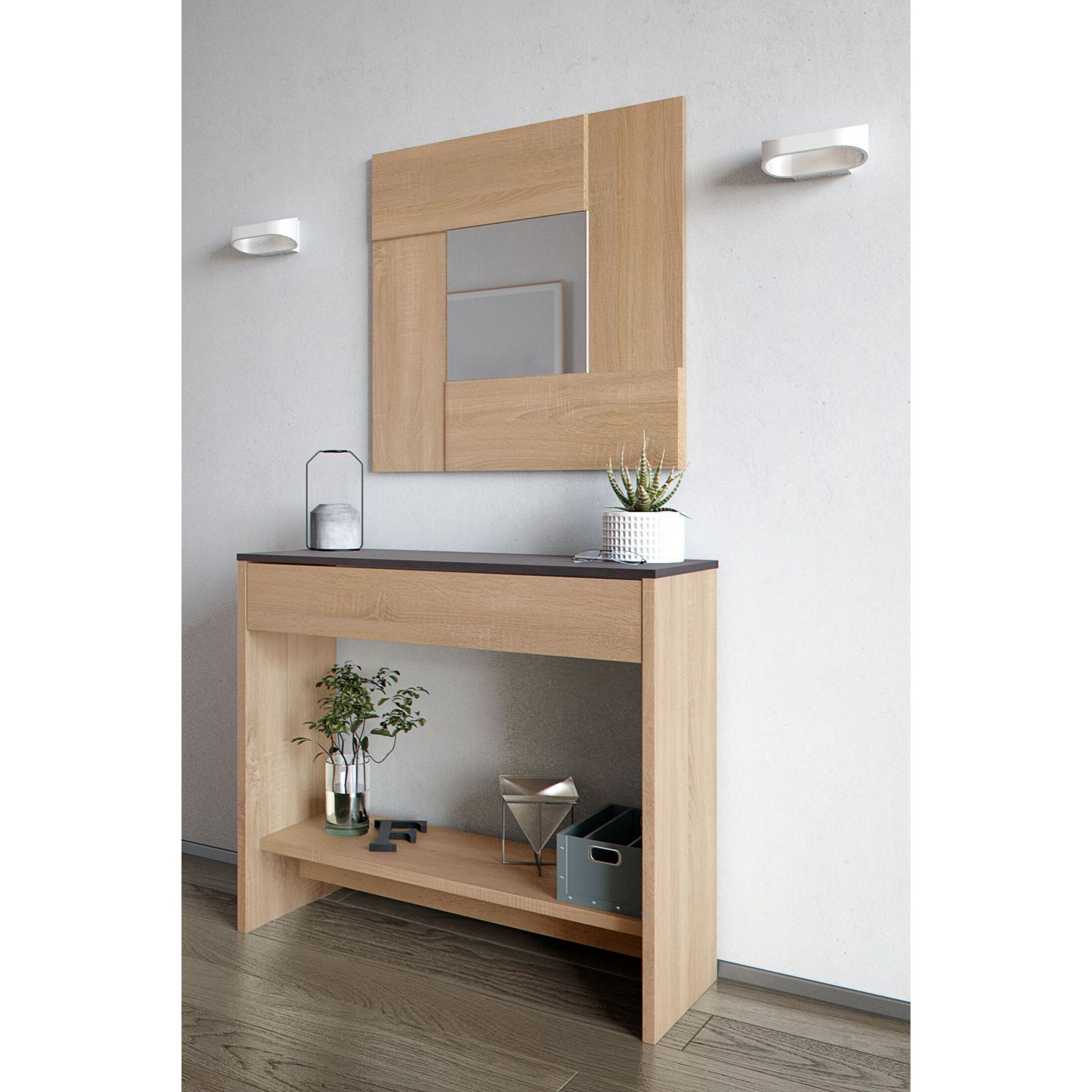 Consolle Mobile Ingresso Con Cassetto Ripiano E Specchio Quadrato Design Salvaspazio Moderno Per Soggiorno Camera Cameretta 92x33x79 cm Rovere
