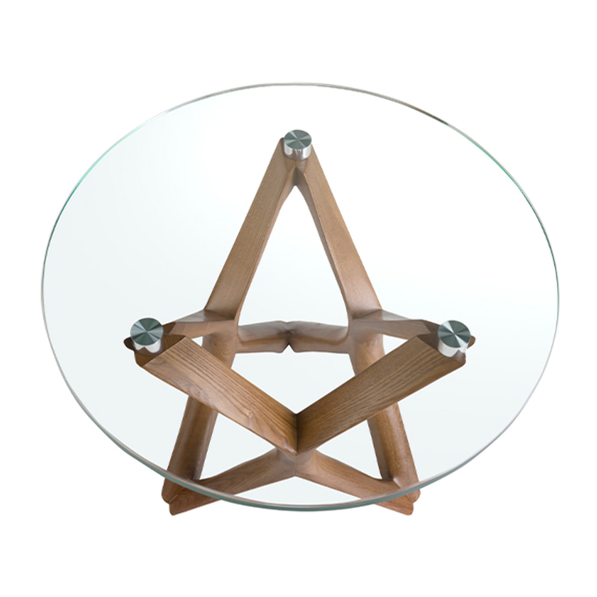 Mesa rincón Angel Cerdá redonda con tapa de cristal templado y patas de madera en nogal 50x50x41cm