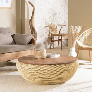 ALIDA - Table basse ronde 100x100cm en rotin beige plateau amovible