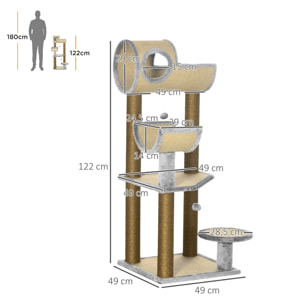 PawHut Árbol Rascador para Gatos de 122 cm Torre Escalador para Gatos con Cama Múltiples Plataformas Bolas Colgantes y Postes de Sisal 49x49x122 cm Marrón