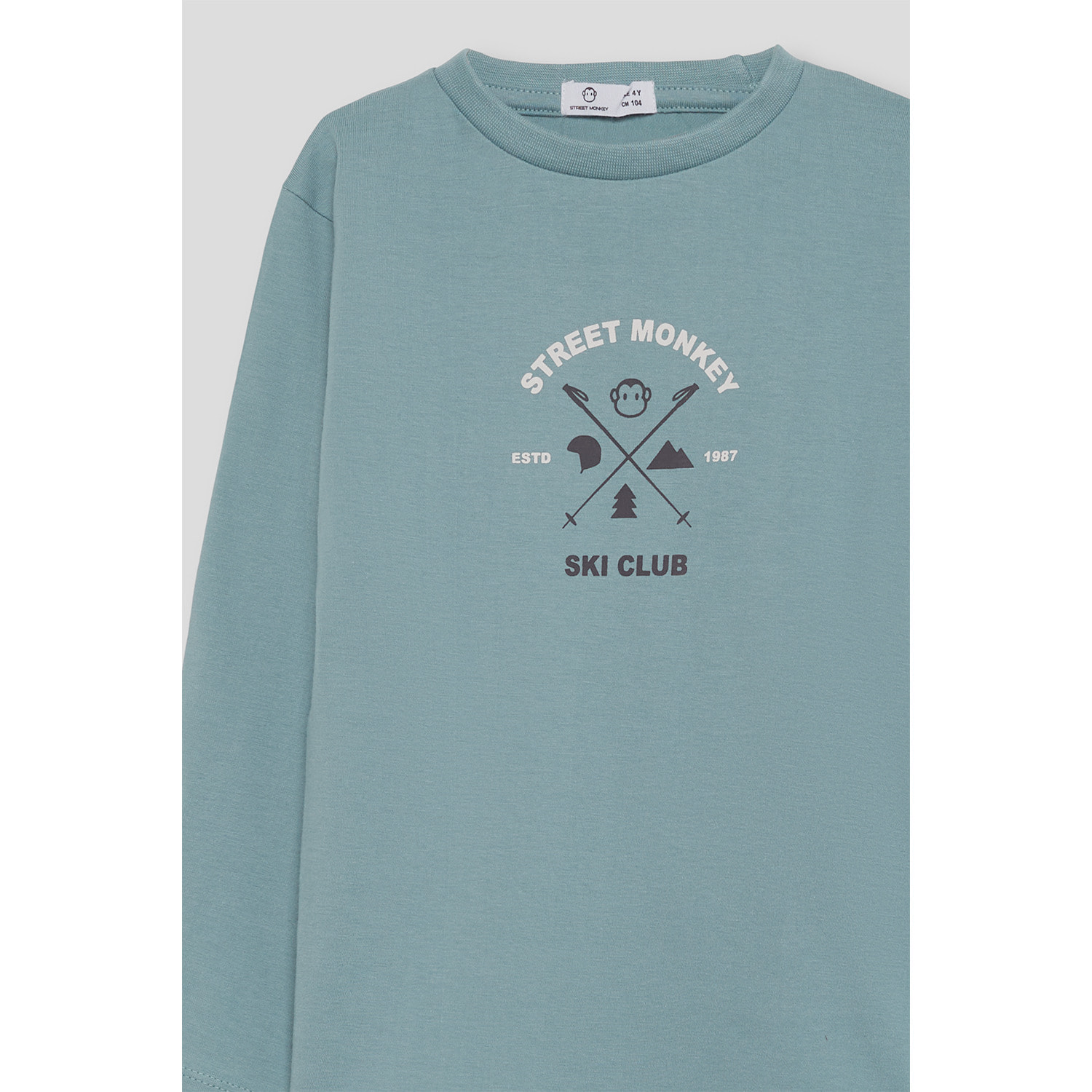 Camiseta niño azul verdoso de manga larga, estampado frontal Street Monkey Ski Club | Color: Azulado | Street Monkey