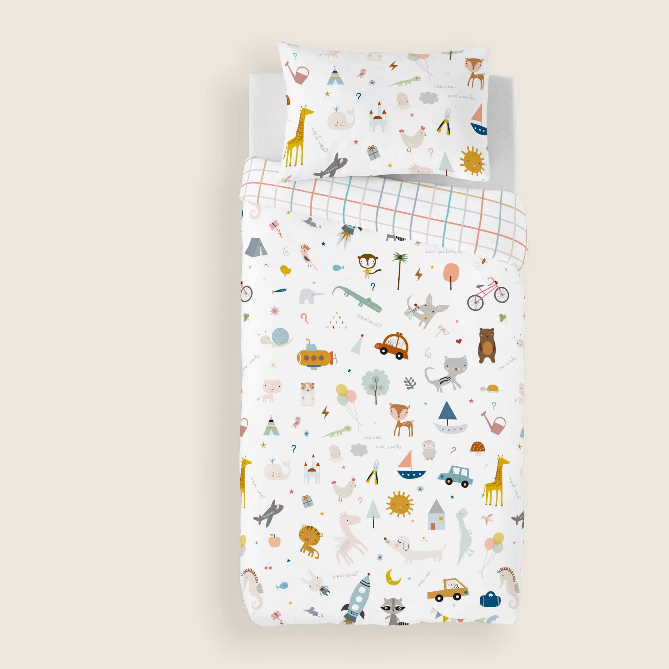 Funda Nórdica Estampada - Reversible - Infantil - Cierre Solapa - 100% Algodón - Incluye 1 Funda de Almohada - Veo Veo