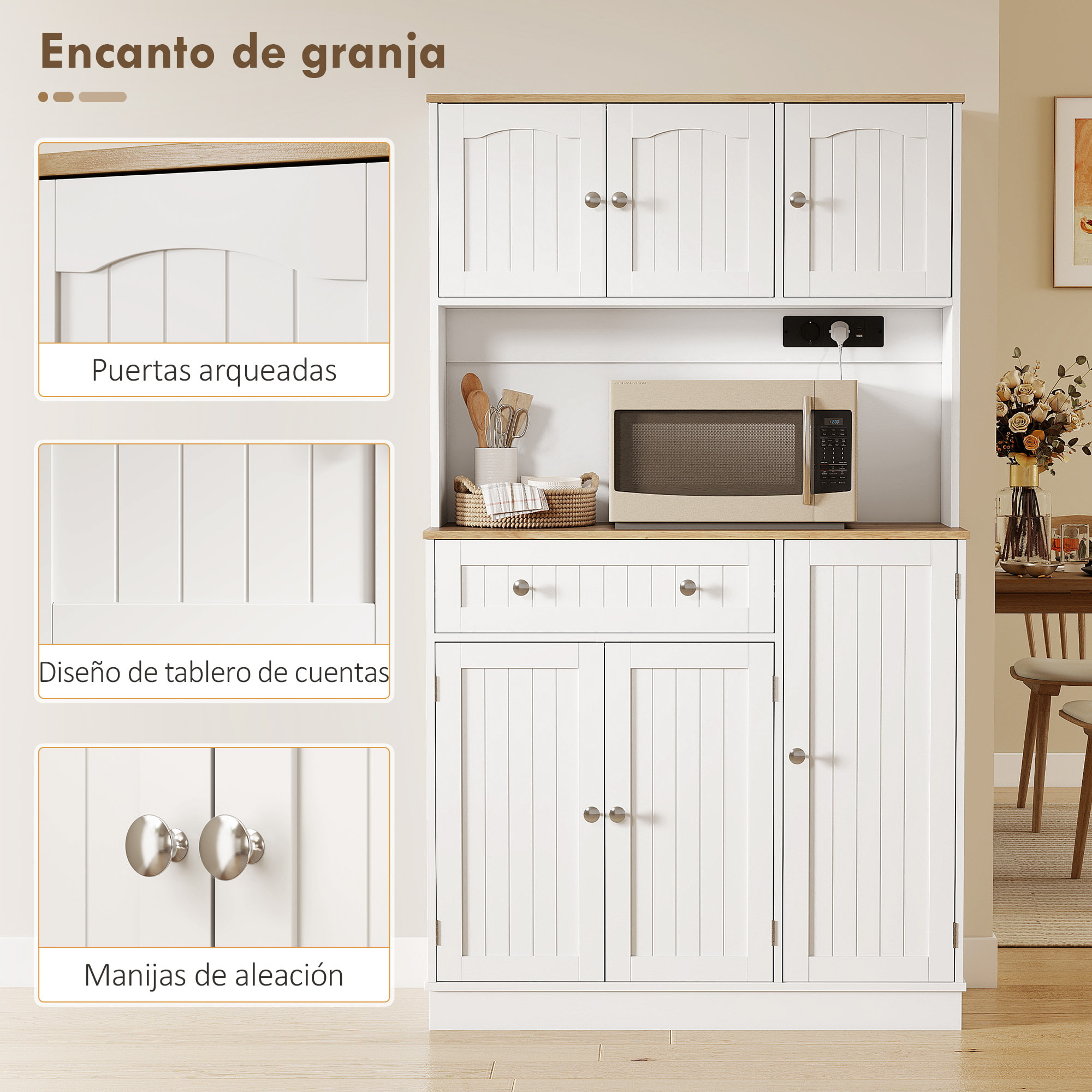 Alacena de Cocina Alta con Estación de Carga, Mueble Auxiliar de Cocina, 6 Puertas, Cajón, Estantes Ajustables, 4 Estantes para Especias, Encimera Amplio, para Comedor, 100x40x173 cm, Blanco