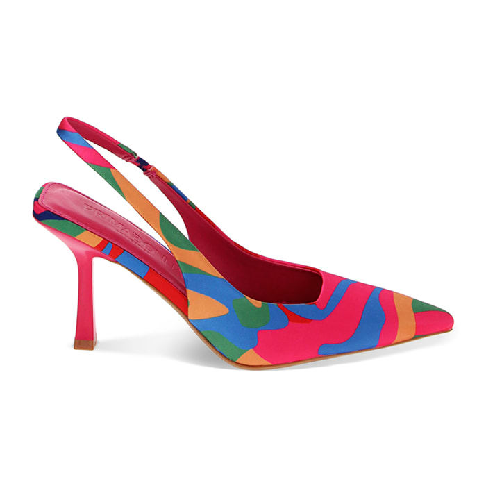 Décolleté slingback multicolor in raso, tacco 8,5 cm