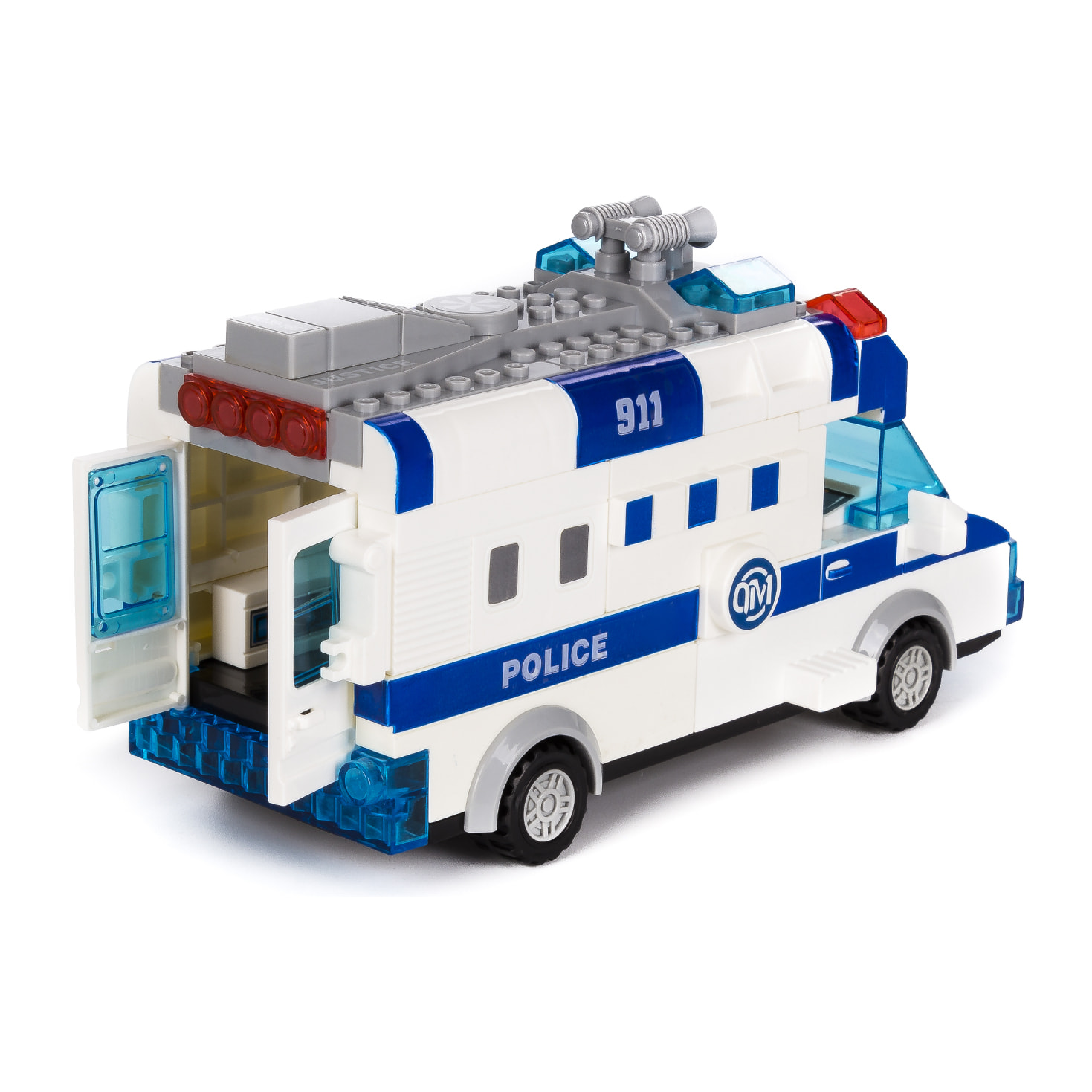 Furgone della polizia con luci ed effetti sonori. Da costruire, 48 pezzi. Modalità di funzionamento automatico 360°.