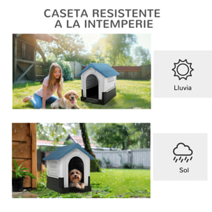 Caseta para Perros Mini para Exterior, Casa para Perros de Plástico con 3 Ventanas, Base Elevada, Techo de Tejas de Imitación, 64,5x57x66 cm, Azul