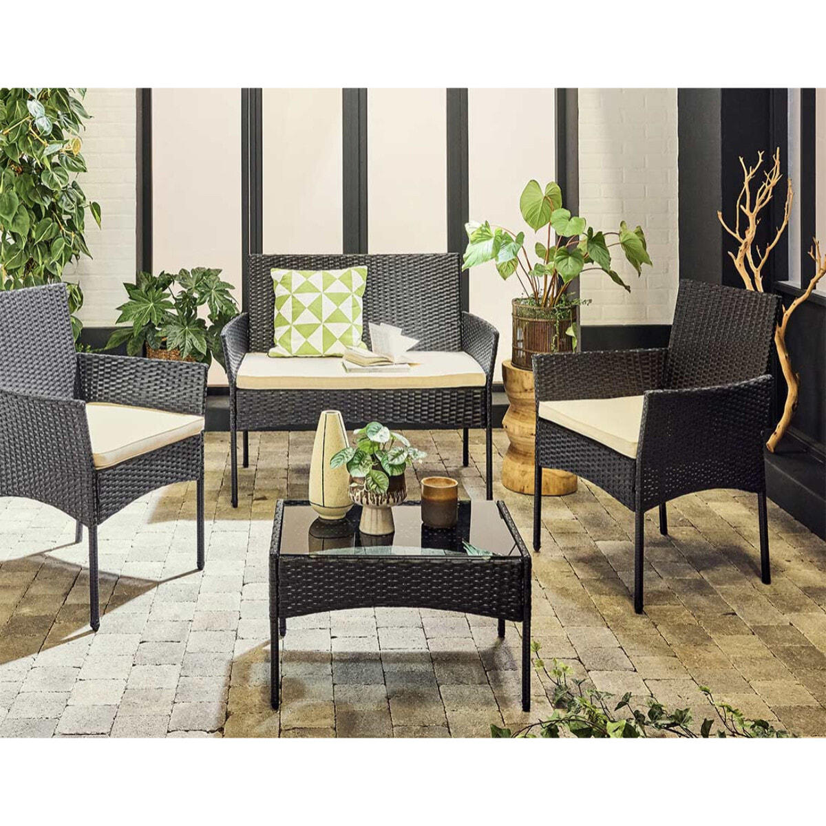 Marbella - salon bas de jardin 4 places - en résine tressée - noir avec coussins beiges - Noir / Blanc