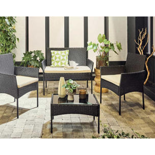 Marbella - salon bas de jardin 4 places - en résine tressée - noir avec coussins beiges - Noir / Blanc