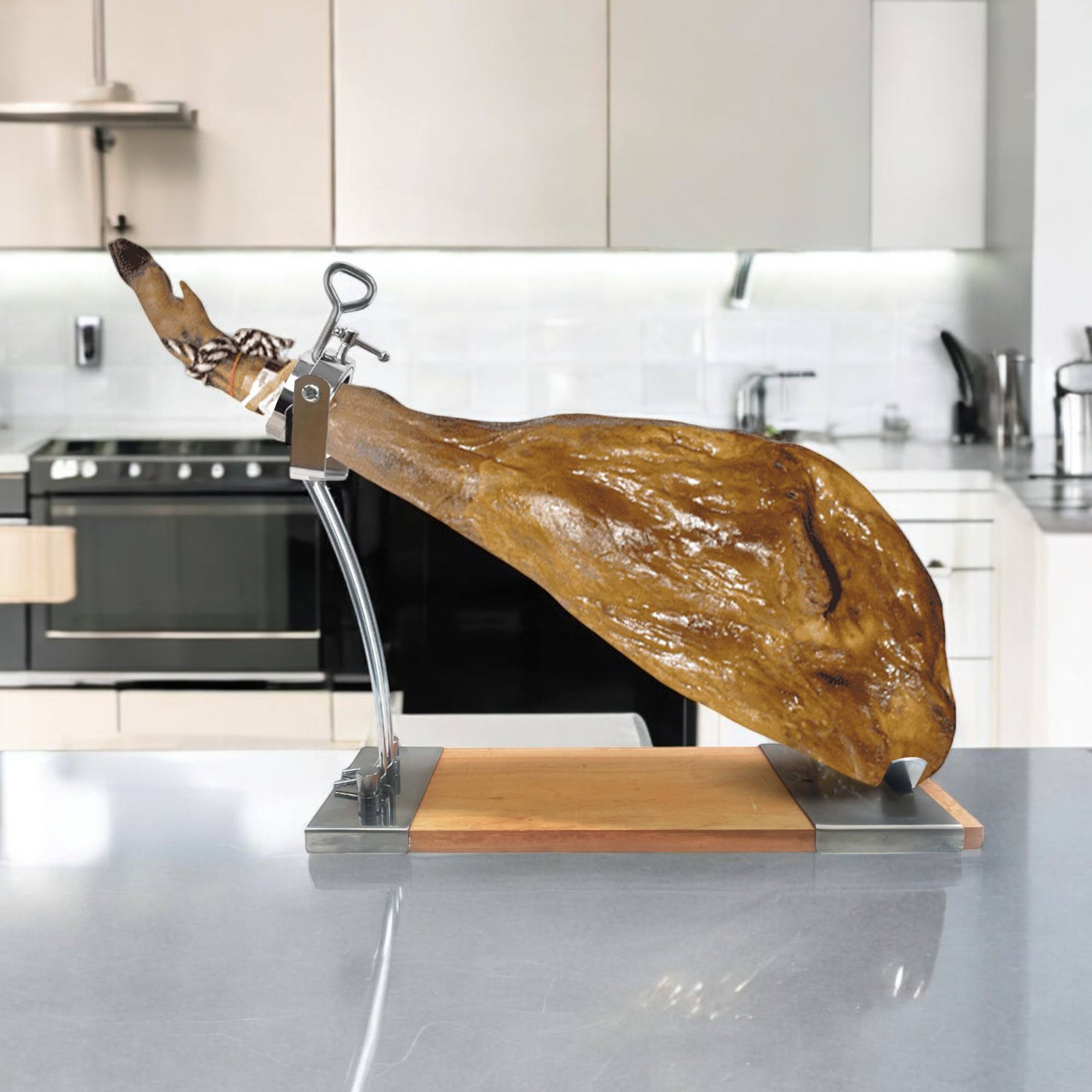 jamonero iberia luxe con cabezal giratorio, base de madera y acabados en acero inoxidable
