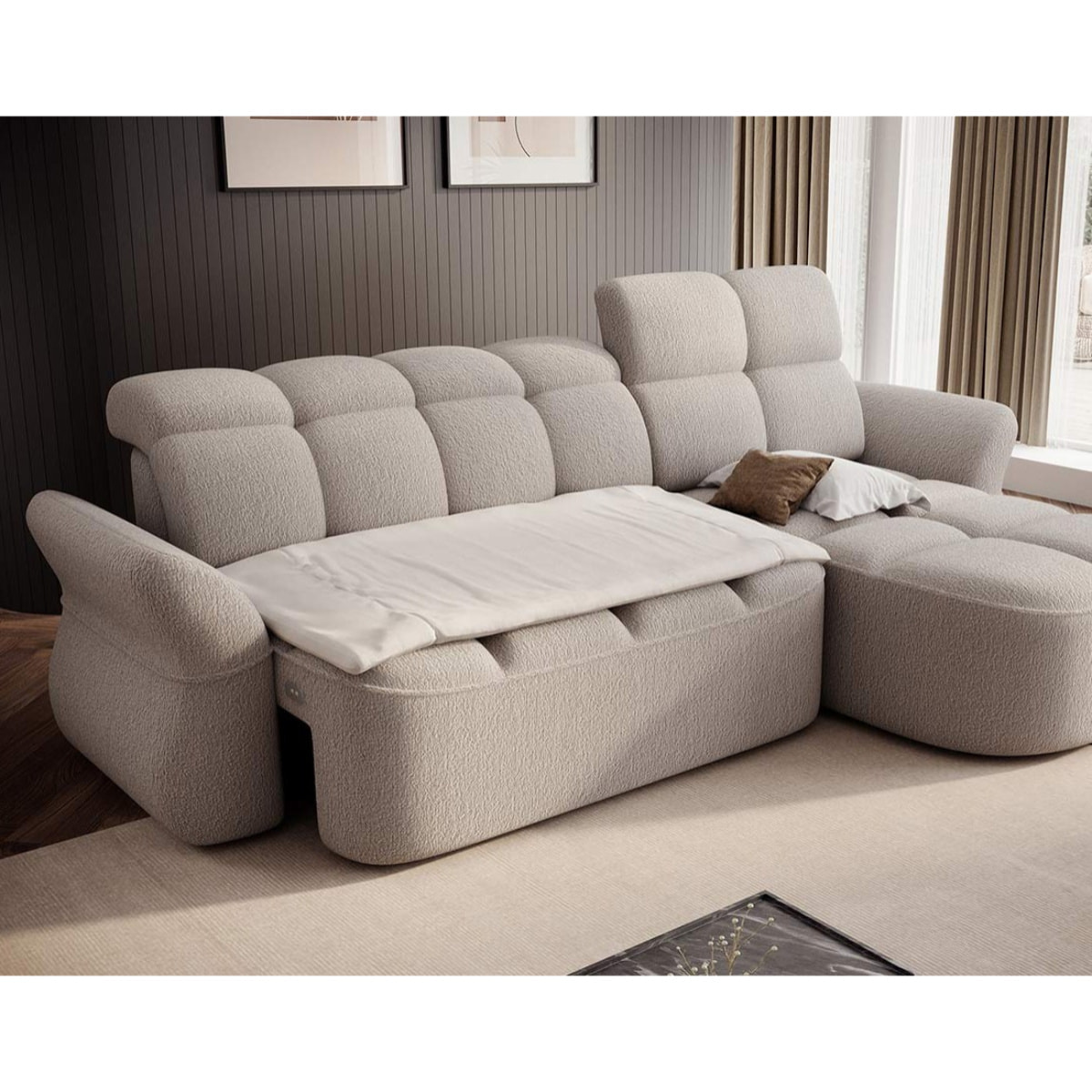 Brume - Canapé d'angle droit 4 places convertible électrique avec coffre et têtières réglables en tissu bouclette - Beige