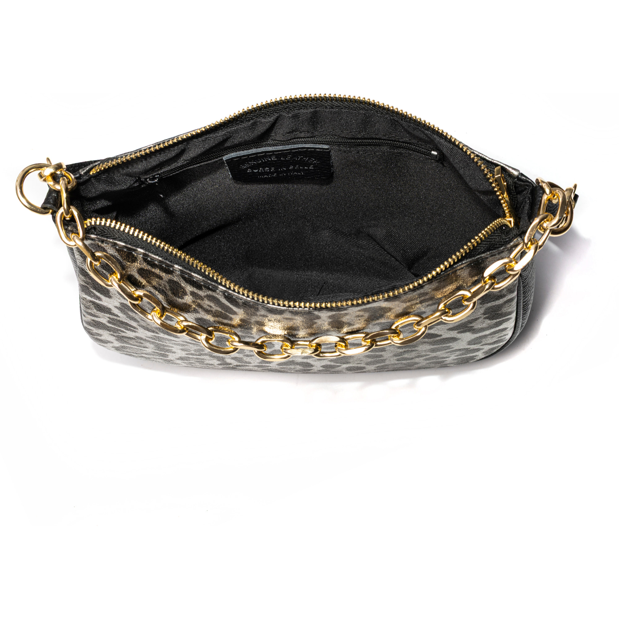 Avella bolso bandolera mujer, de piel auténtica Gamuza lacada con estampado de animal print leopardo, Dollaro.