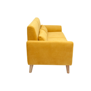 Canapé scandinave 3 places en tissu effet velours jaune moutarde et bois clair EKTOR