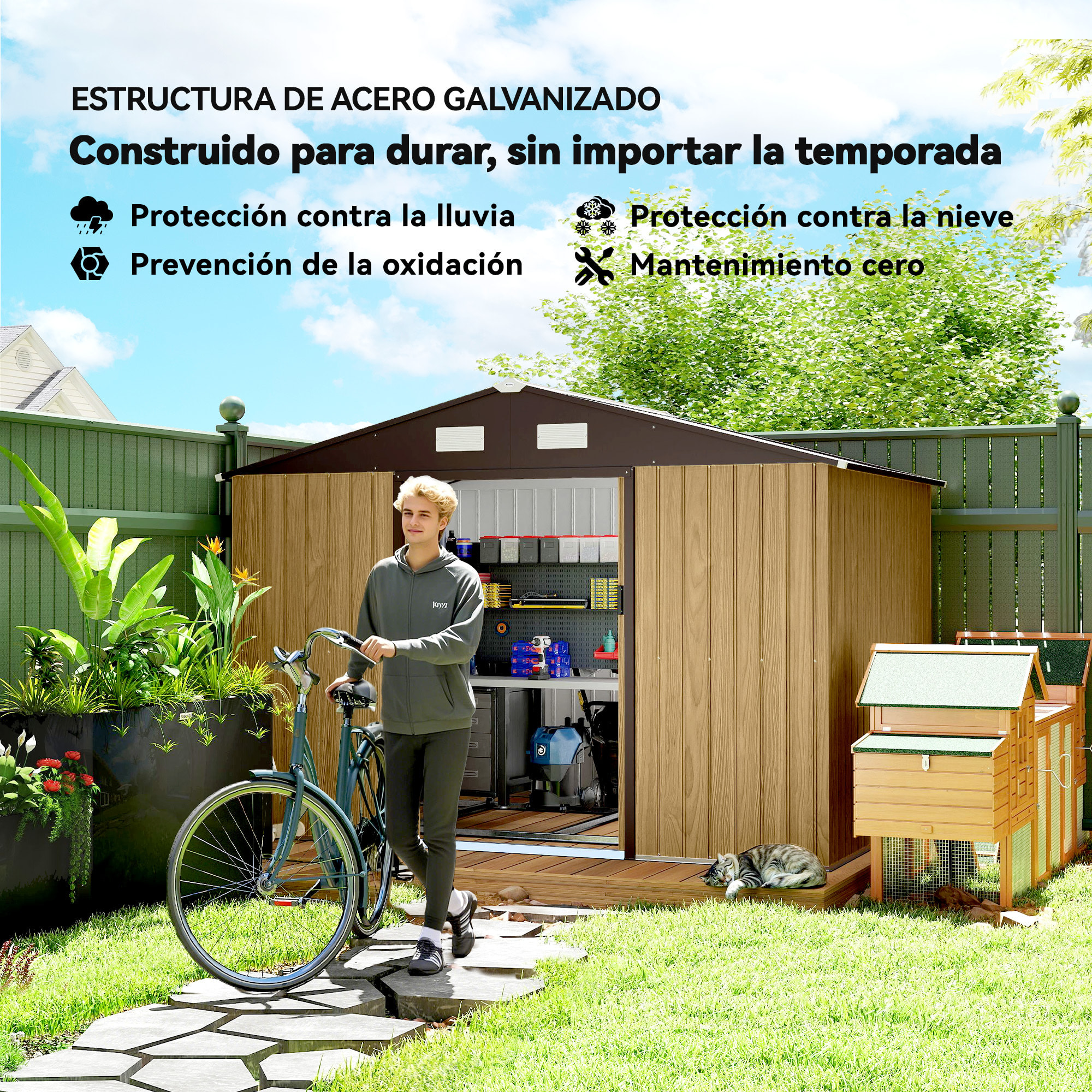 Caseta de Jardín Exterior 4,9 m², 277x195x192 cm, Cobertizo de Jardín Exterior Metálico con Puerta Corredera, Ventilación y Kit de Fundación, para Almacenamiento de Herramientas, Marrón Claro