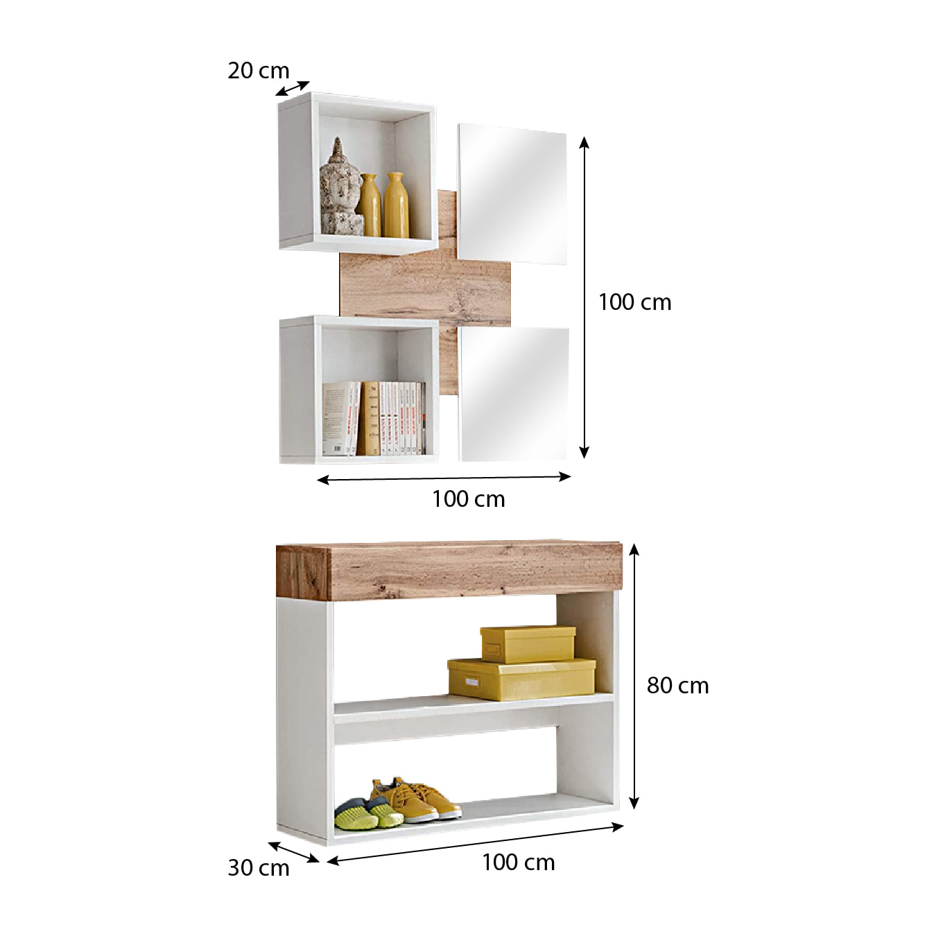 Mobile Ingresso Moderno Con Specchi E Vani A Giorno Consolle Sospesa Design Elegante Salvaspazio Per Corridoio 100 x 170 x 30 Cm Bianco E Rovere