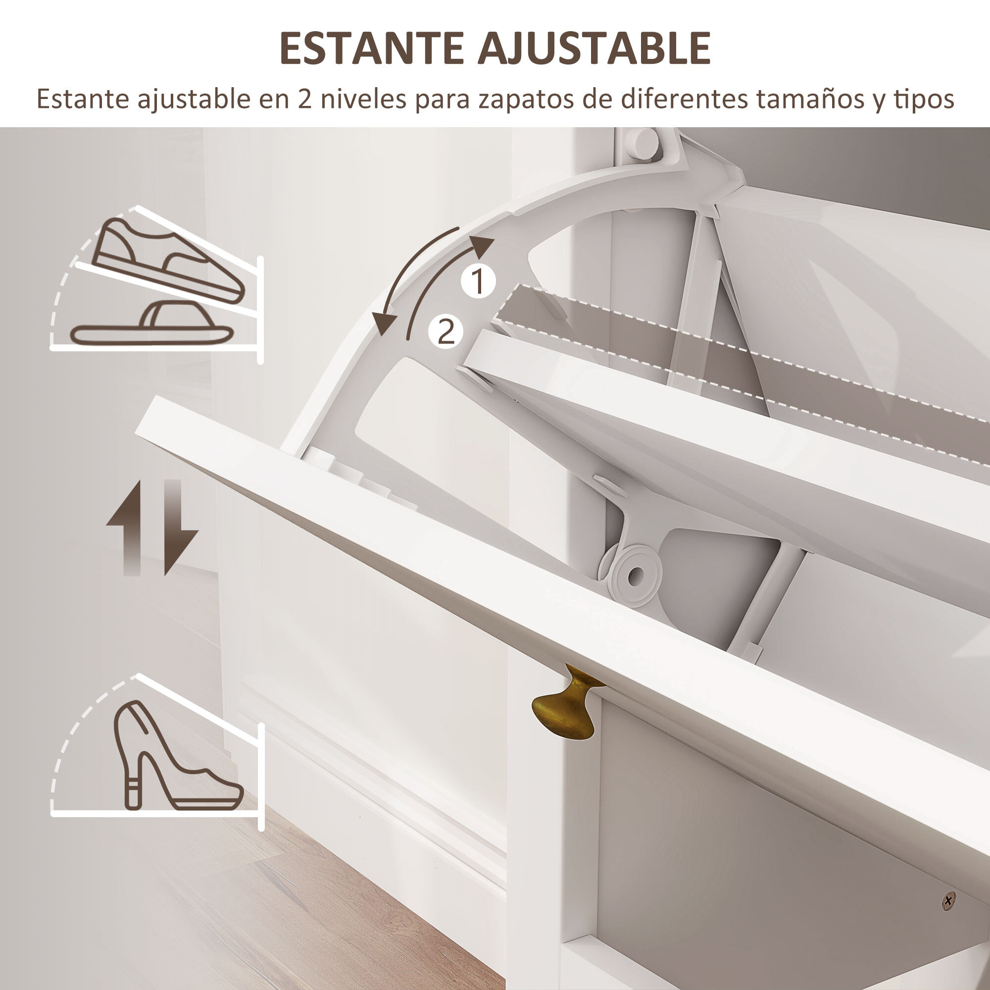 Mueble Zapatero Estilo Francés Zapatero de Entrada Recibidor con 2 Cajones Abatibles Estantes Ajustables para 16 Pares de Zapatos Zapatero Estrecho para Pasillo 84x29x109 cm Blanco