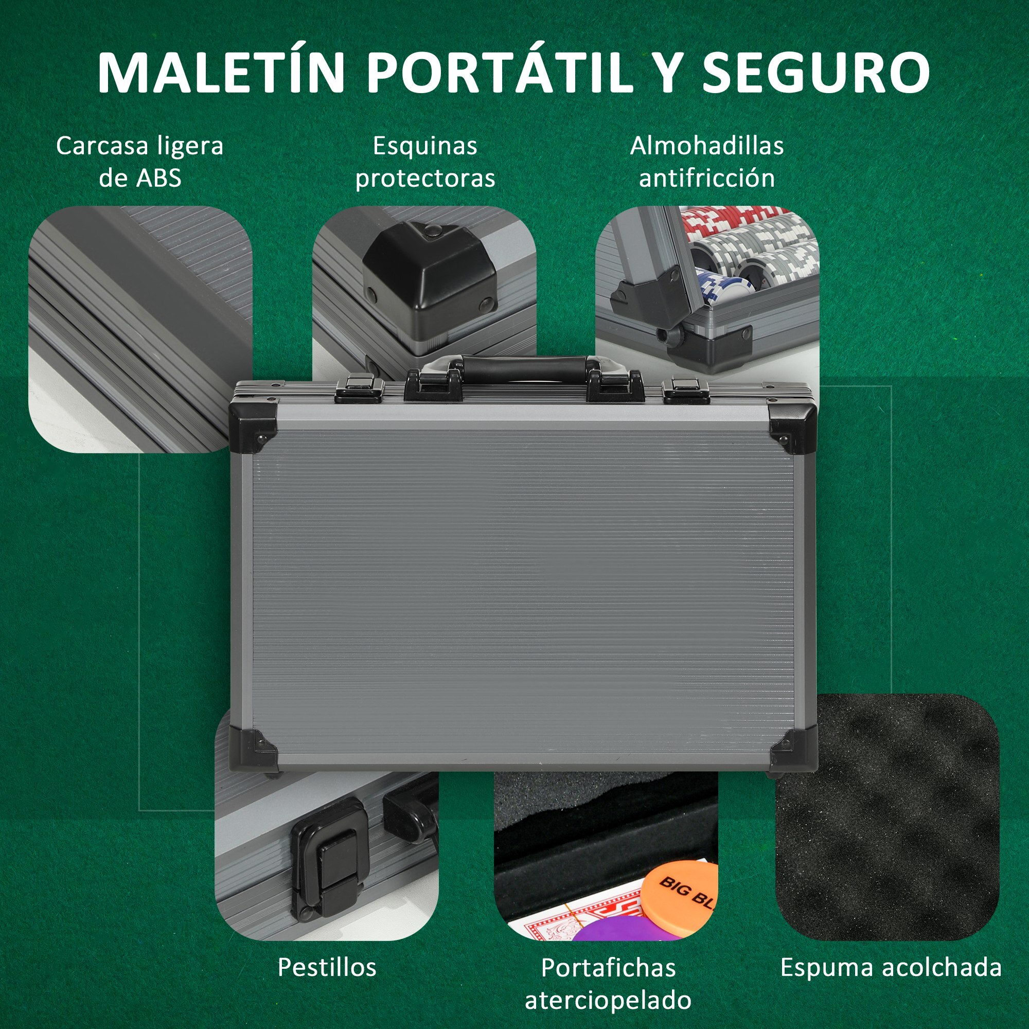 Juego de Póker Maletín de Póker con 400 Fichas 2 Barajas de Cartas 5 Dados Tapete y Botón de Crupier Gris