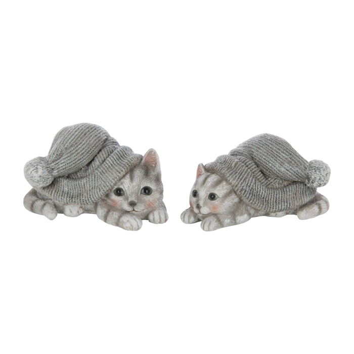 J-Line figurine Chat Chapeau - polyrésine - bleu/blanc - medium - 2 pièces