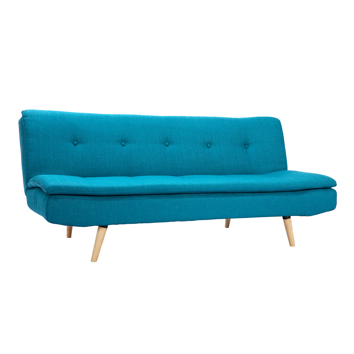 Canapé convertible scandinave 3 places en tissu bleu canard et bois clair SENSO