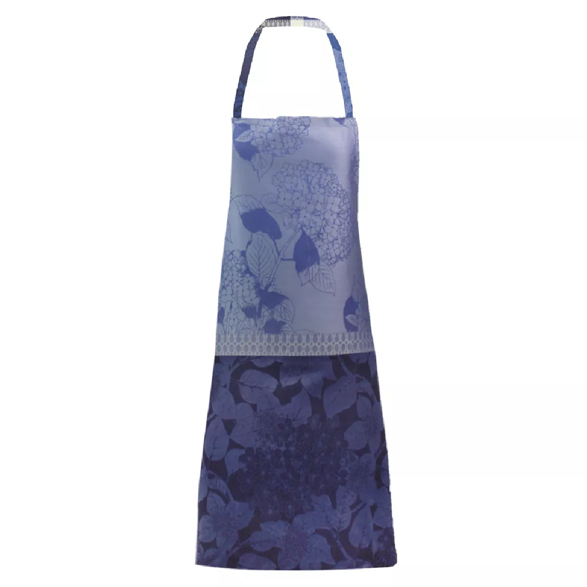 Tablier pur coton bio anti tache motif jacquard Hortensias bleu