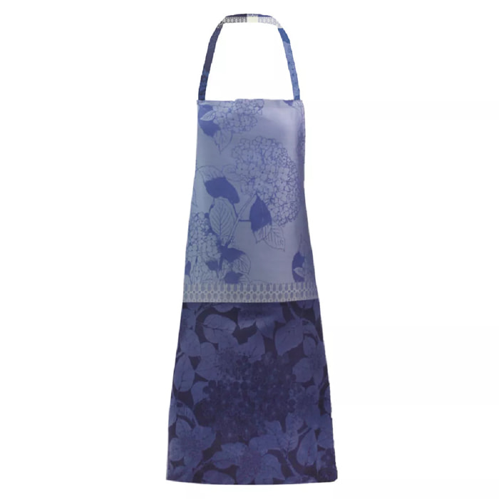 Tablier pur coton bio anti tache motif jacquard Hortensias bleu