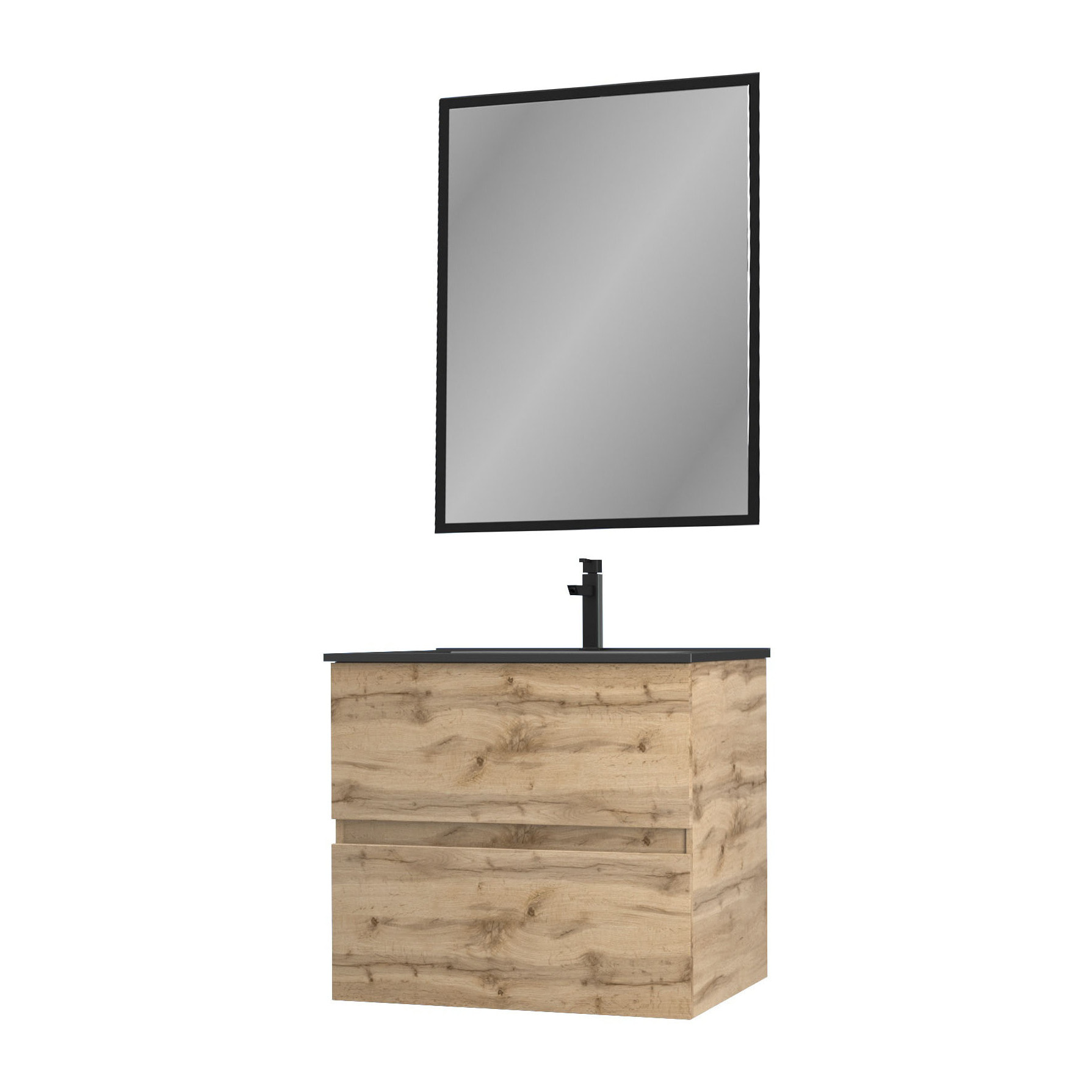Pack Meuble SDB 60cm suspendu 2 tiroirs Chene_Vasque noire + Miroir - TIMBER 60_Pack07