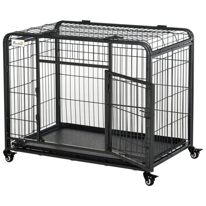 Cage chiens pliable sur roulettes 2 portes verrouillables métal gris noir