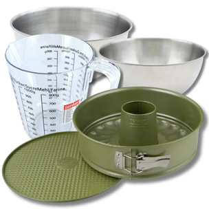 Set pâtisserie avec moule à manqué et savarin 26 cm revêtement cire de carnauba, 2 bols à mixer, verre mesureur et spatule Zenker