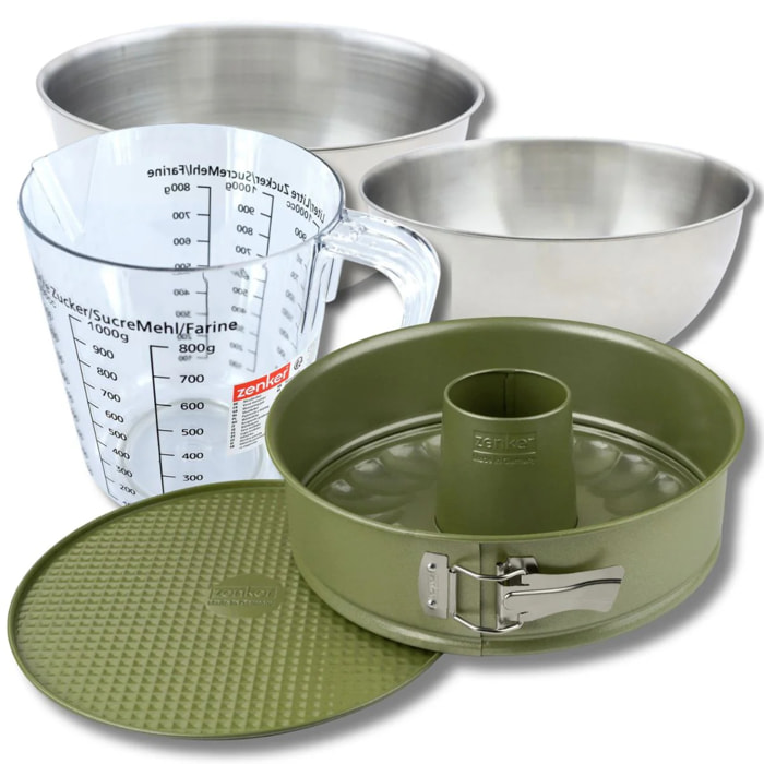 Set pâtisserie avec moule à manqué et savarin 26 cm revêtement cire de carnauba, 2 bols à mixer, verre mesureur et spatule Zenker