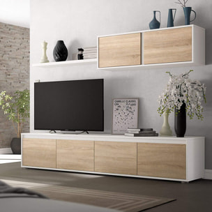 Parete Attrezzata Da Soggiorno Mobile TV 4 ante Pensile Con Pistoni A Gas E Mensola Sospesa Design Moderno Salvaspazio 200 Cm Bianco Lucido E Rovere