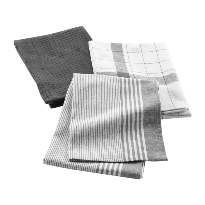 Lot de 3 torchons en coton tissé nid d’abeille - Gris anthracite