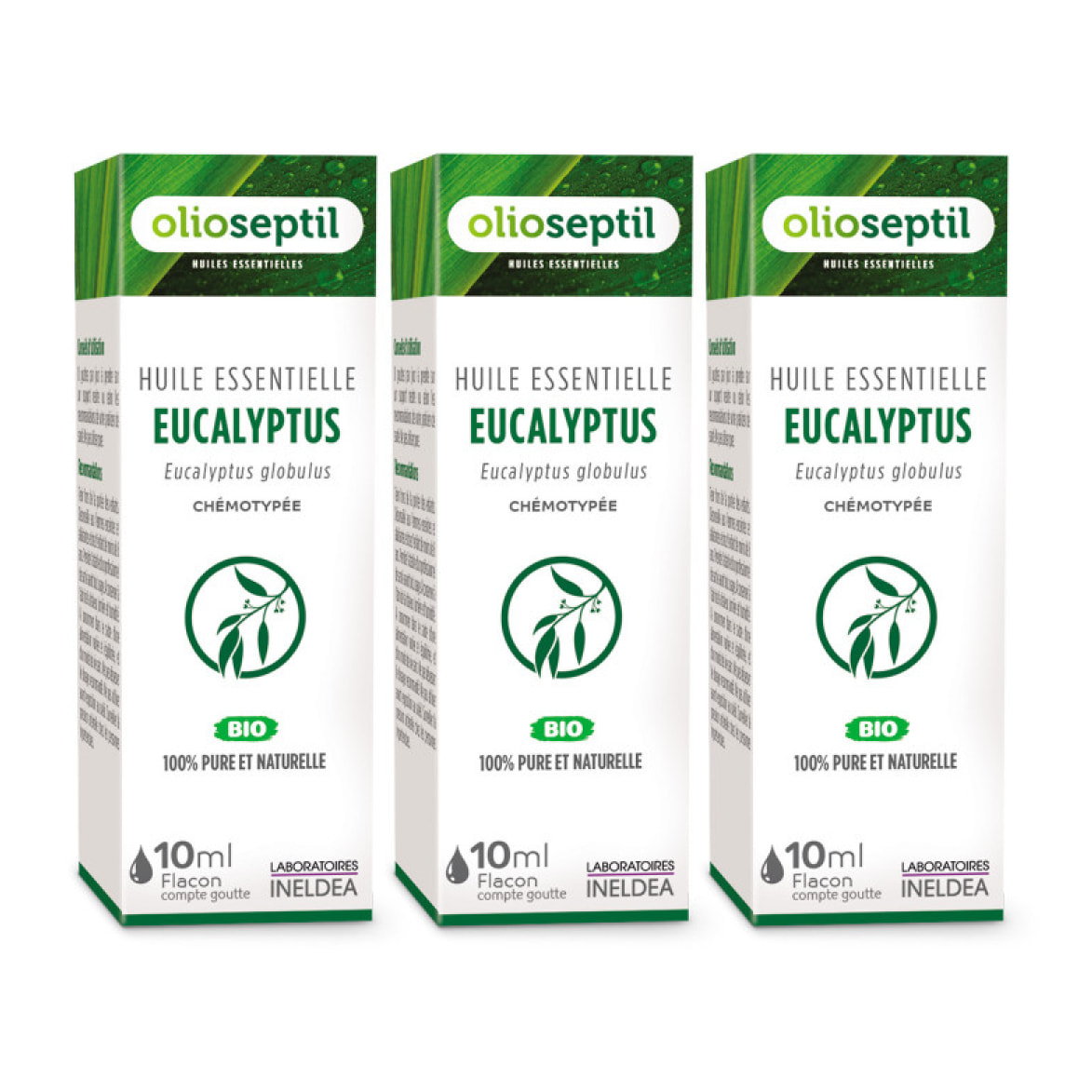 OLIOSEPTIL - Huile essentielle d'Eucalyptus Globulus - 100% Pure et naturelle - BIO - HEBBD (biochimiquement et botaniquement définie) - 100% origine naturelle - Lot de 3 Flacons 10ml