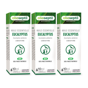 OLIOSEPTIL - Huile essentielle d'Eucalyptus Globulus - 100% Pure et naturelle - BIO - HEBBD (biochimiquement et botaniquement définie) - 100% origine naturelle - Lot de 3 Flacons 10ml