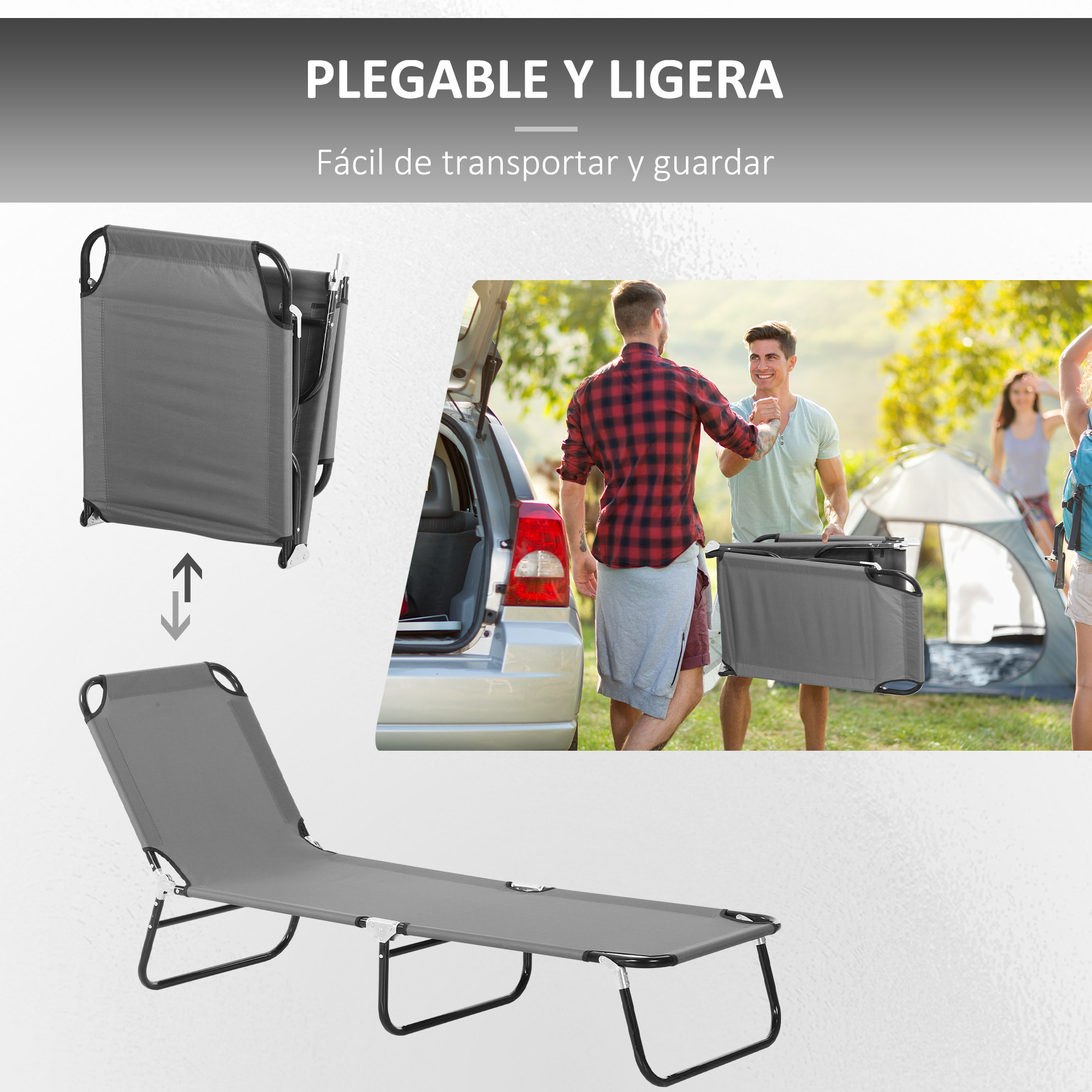 Tumbona Plegable Reclinable con ángulo Ajustable de 5 Posiciones para Jardín Exterior Piscina Terraza Camping Carga 120 kg 188x56x28 cm Gris