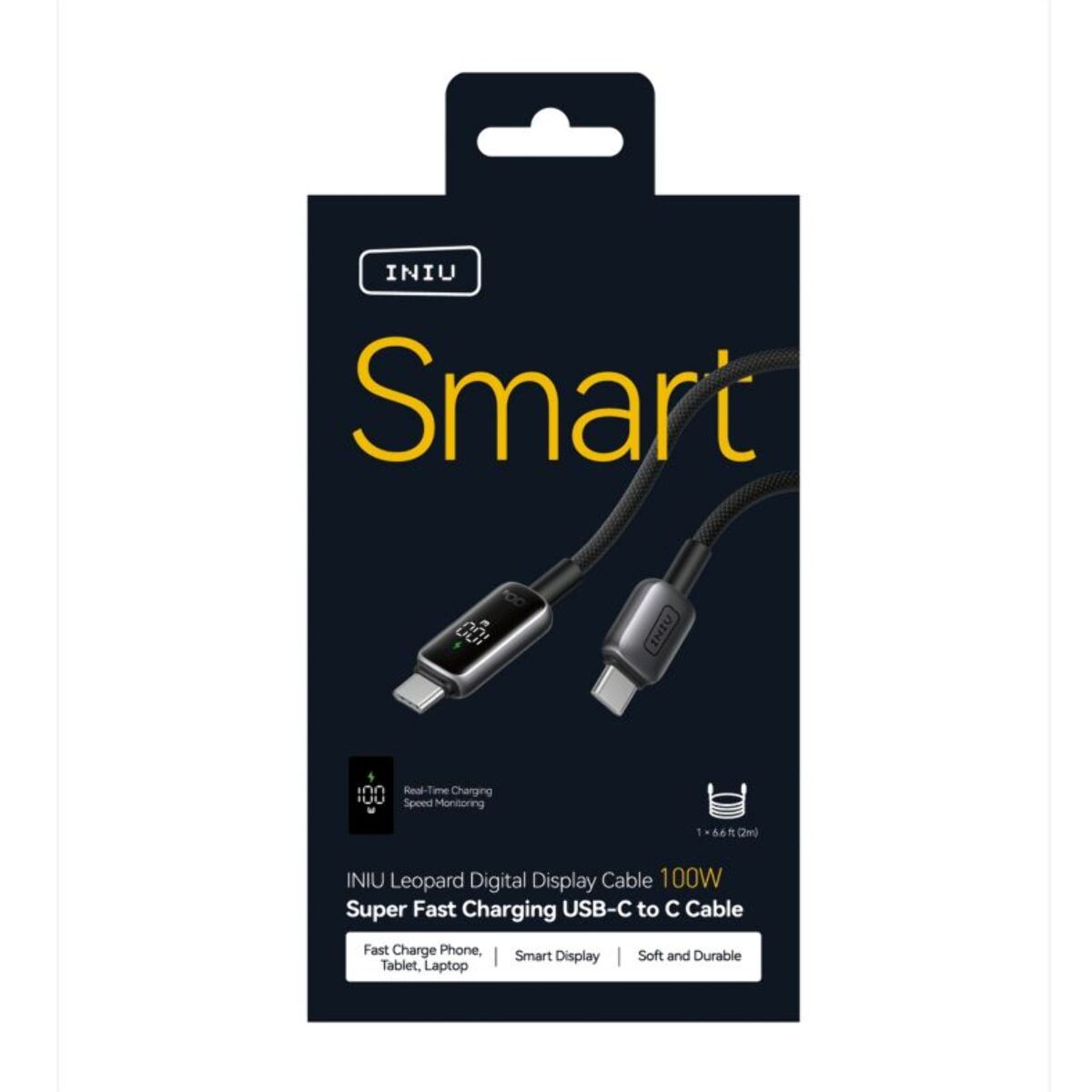 Câble de charge INIU vers USB-C 100W affichage digital noir