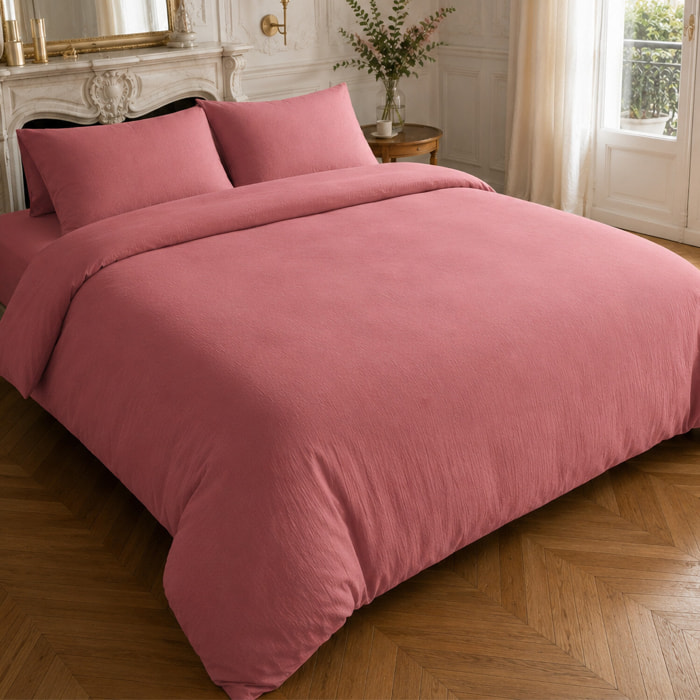 Parure housse de couette 100% gaze de coton unie rose, RELAX