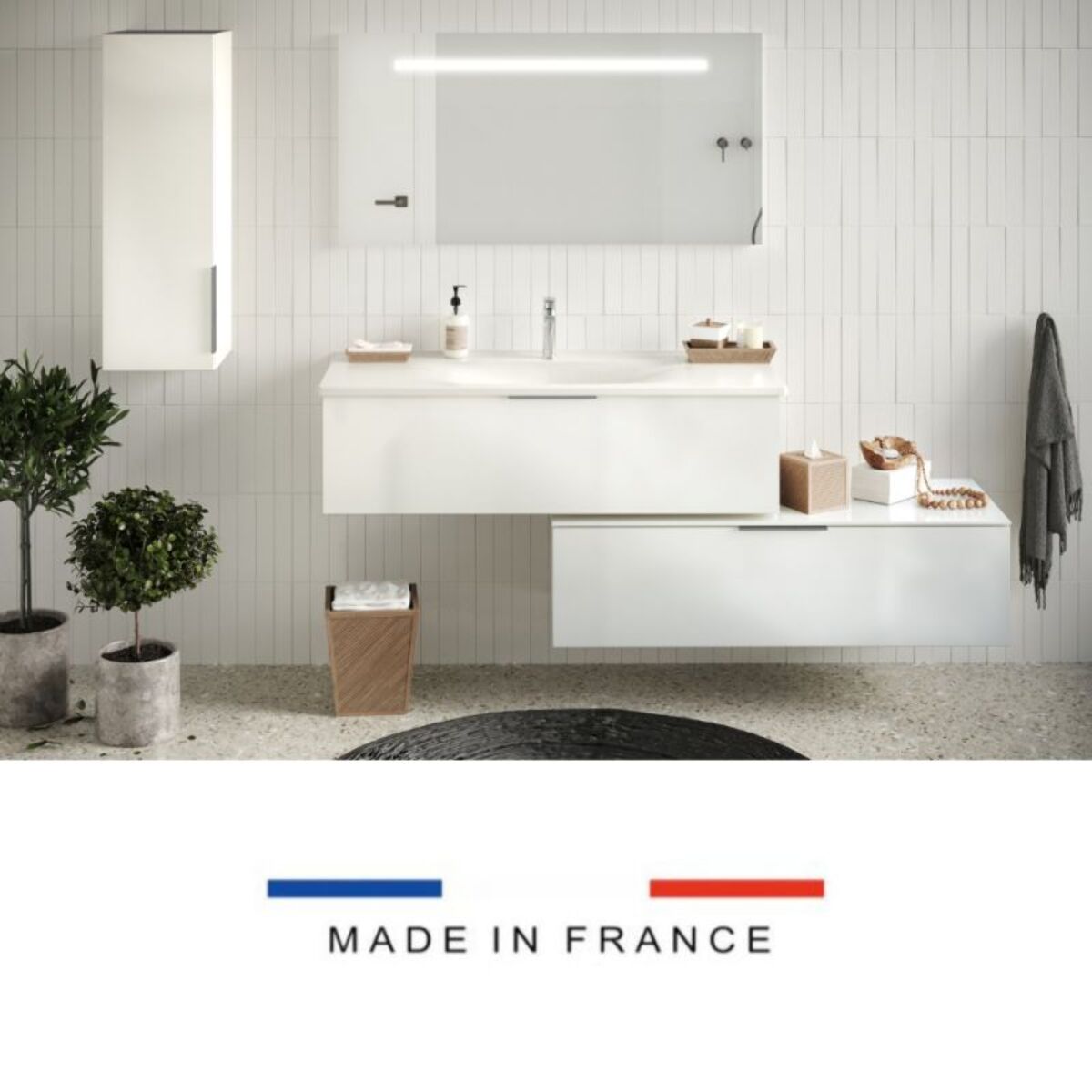 Meuble vasque 120 cm BURGBAD Olena en décalé blanc brillant + miroir