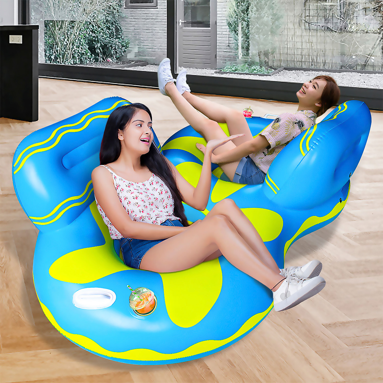 DAM Sillón hinchable doble con asas, porta bebidas y reposacabezas. 185cm 185x115x66 Cm. Color: Azul