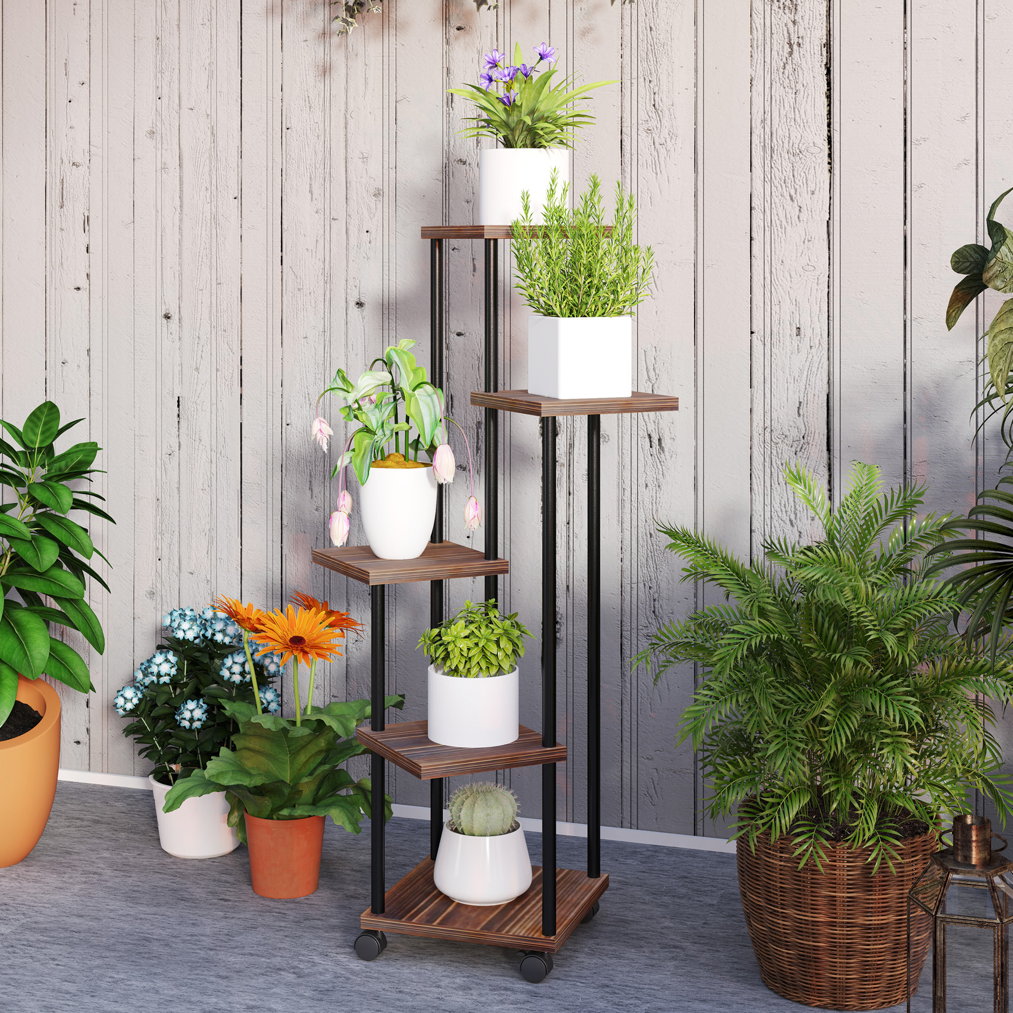 Estantería para Plantas de 5 Niveles Soporte para Plantas de Madera y Acero con 5 Estantes Cuadradas y 4 Ruedas Soporte para Macetas para Interior y Exterior 59x59x110 cm Carbonizado