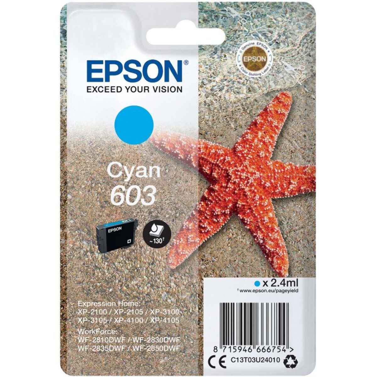 Cartouche d'encre EPSON Originale 603 Cyan Série Étoile de Mer - C13T03U24010