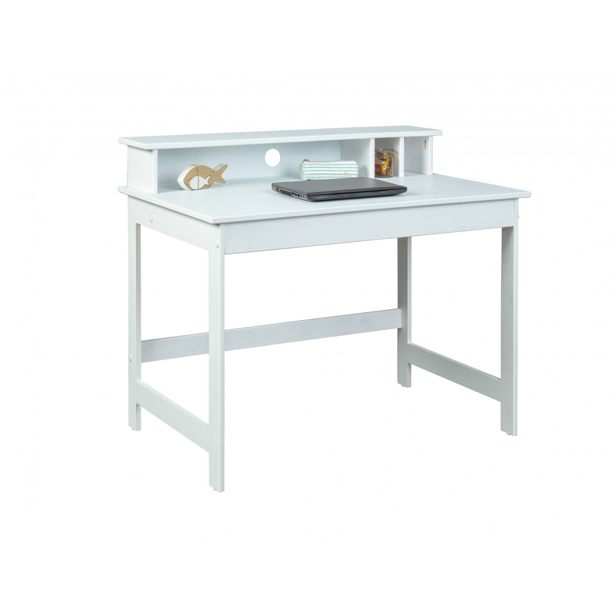 Scrivania in pino tinto bianco con piano sollevabile in MDF bianco, 110 x 76 x 68.5, Bianco