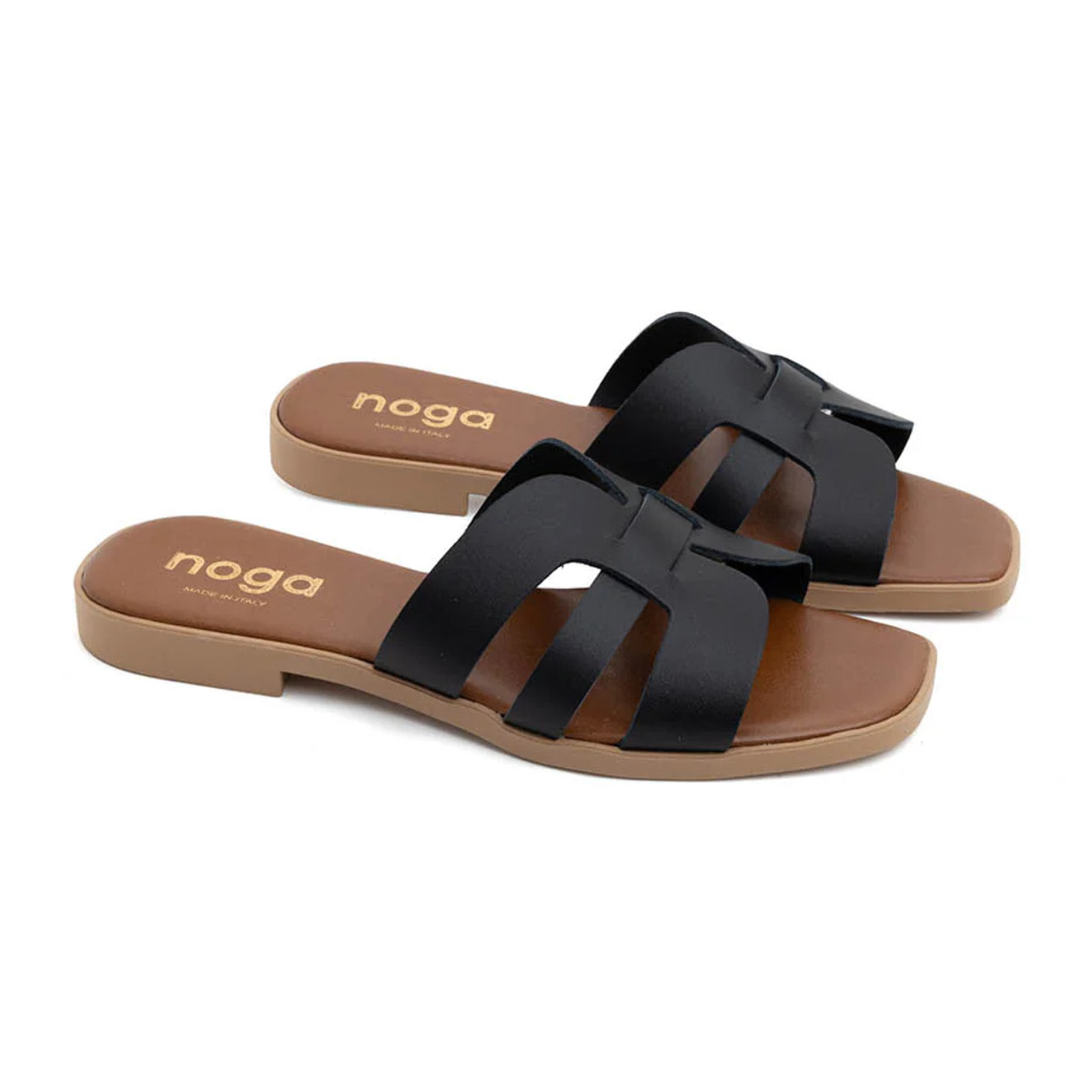 Ciabatta slide con fasce incrociate in vera pelle - NERO