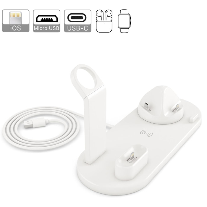 Base di ricarica 4 in 1, lightning, connessione micro USB e USB-C. Supporto per Apple Watch e supporto di ricarica per Airpods.
