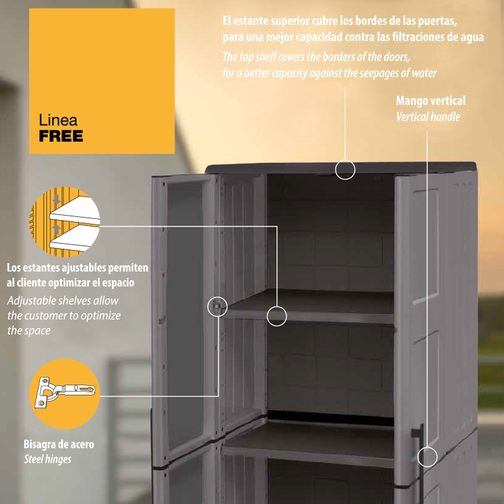Armario de mediana altura en polipropileno, material reciclable y ecológico sostenible, está equipado con bisagras de acero y estantes ajustables, dim