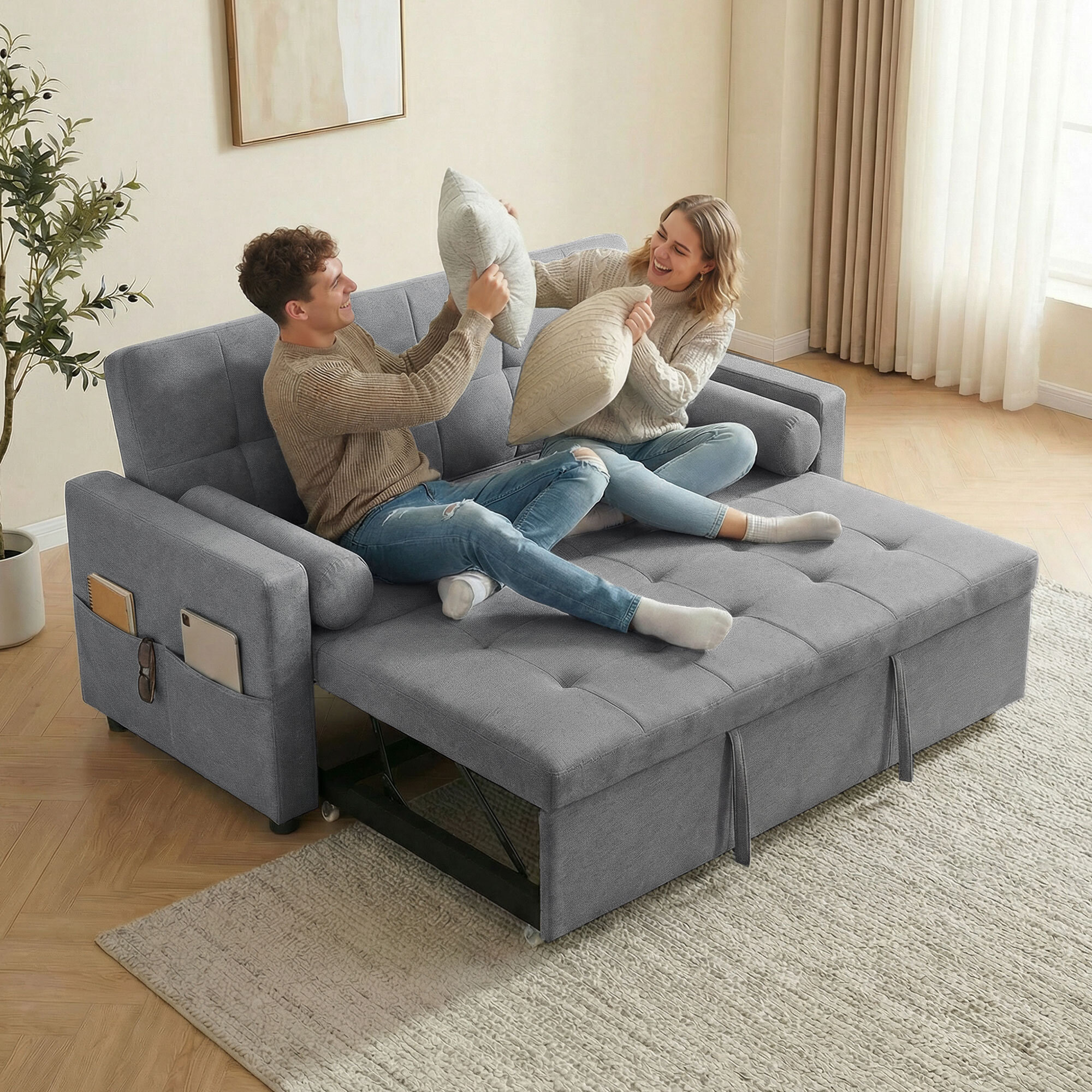 HOMCOM Sofá Cama 2 Plazas 3 en 1, Sofá Cama Deslizantede Tejido Lino con Respaldo Ajustable 6 Niveles, Bolsillos Laterales, 2 Cojines con Fundas Extraíbles para Sala de Estar, Espacios Pequeños, Gris
