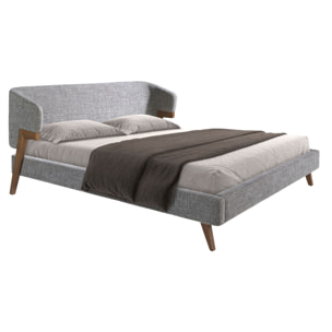 Cama de matrimonio en tela gris y patas de madera chapada en nogal natural 211x220x95cm
